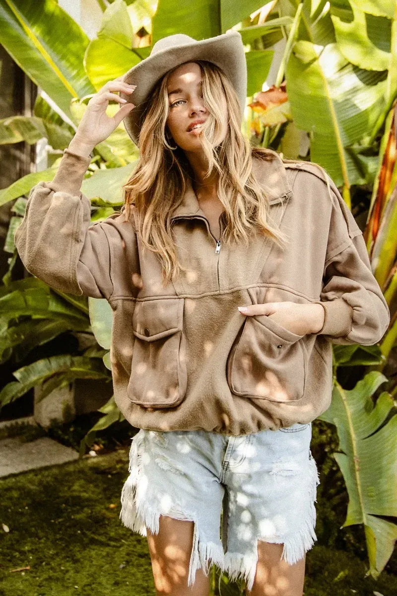 BiBi Half Zip Vintage Washed Fleece Pullover - DAVERRI FASHIONS