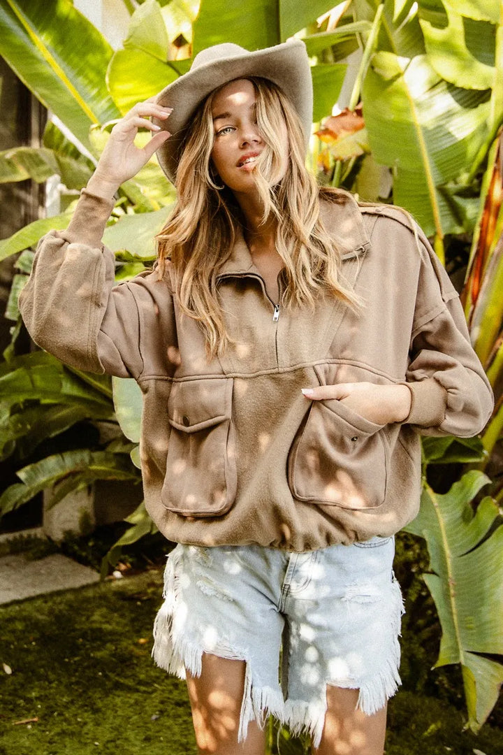 BiBi Half Zip Vintage Washed Fleece Pullover | Daverri Fashions