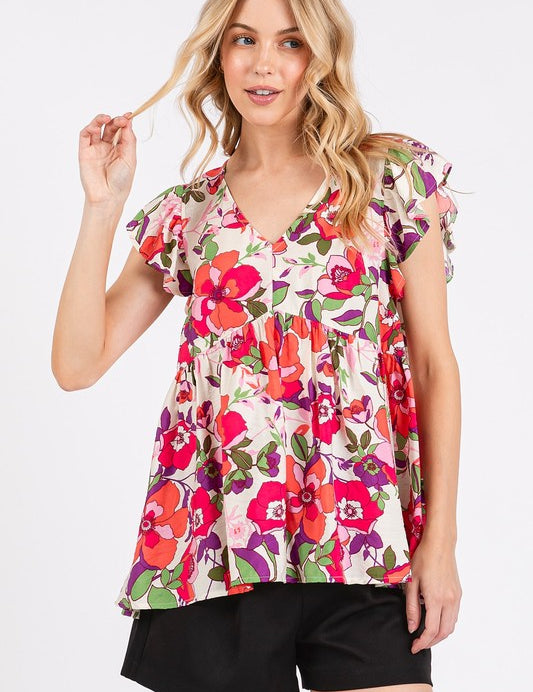 Mittoshop Floral V-Neck Ruffled Cap Sleeve Blouse Red