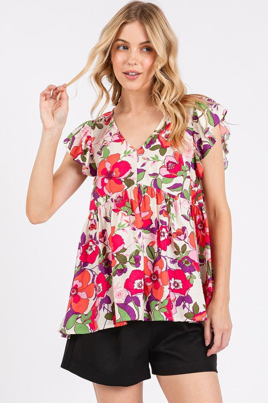 Mittoshop Floral V-Neck Ruffled Cap Sleeve Blouse Red