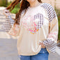 Cream beige satin blouse with floral heart applique and plaid raglan sleeves