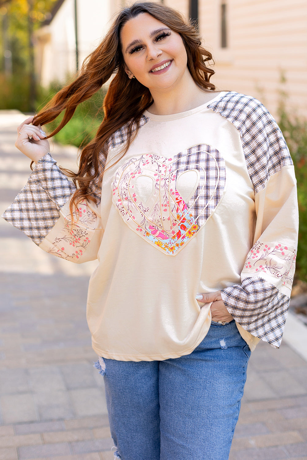 Cream beige satin blouse with floral heart applique and plaid raglan sleeves