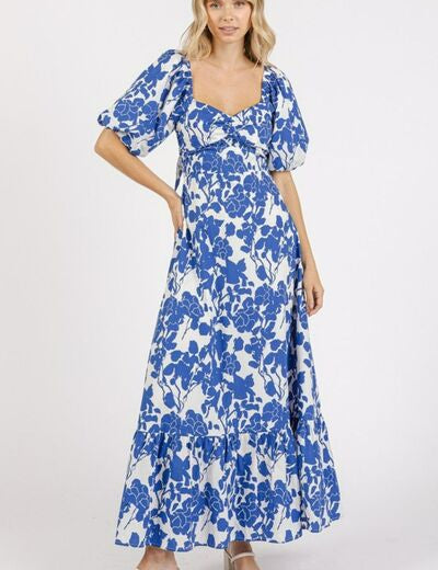 Mittoshop Cutout Back Floral Sweetheart Neck Puff Sleeve Dress Royal