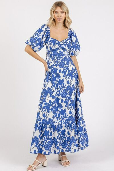 Mittoshop Cutout Back Floral Sweetheart Neck Puff Sleeve Dress Royal