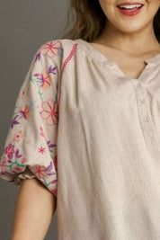 Umgee Half Button Top with Embroidery Sleeves Tops