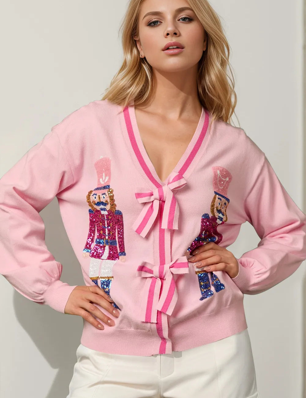Blush Pink Double Take Full Size Nutcracker Sequin Bow Decor Cardigan | Cardigans Daverri Fashions