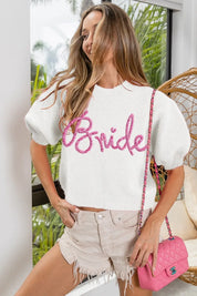 White bride t-shirt with pink glitter lettering and frayed hem