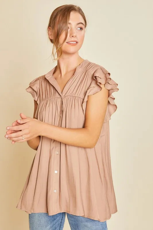Annie Wear Ruffle Sleeve Shirred Flowy Woven Tunic Shirts