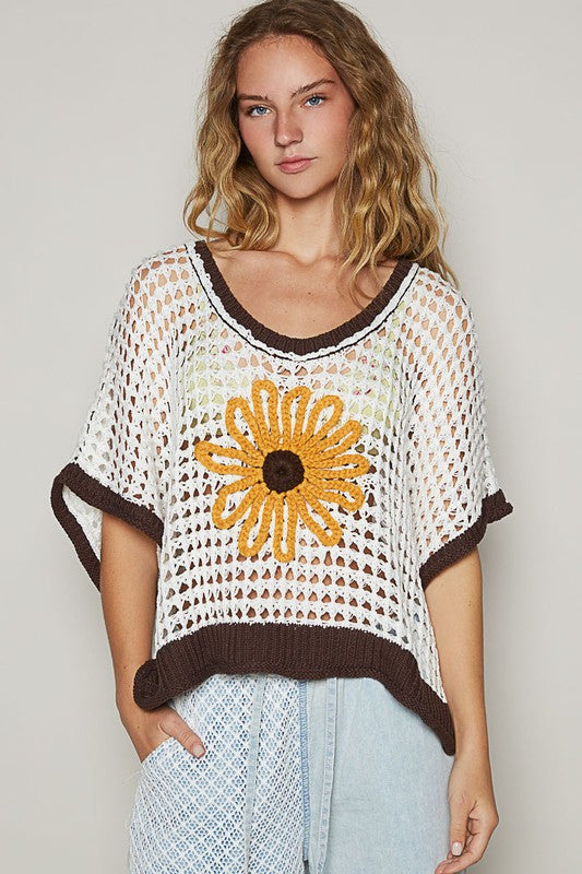 POL Hollow Out Flower Half Sleeve Knit Cover Up IVORY BROWN Cover-Ups