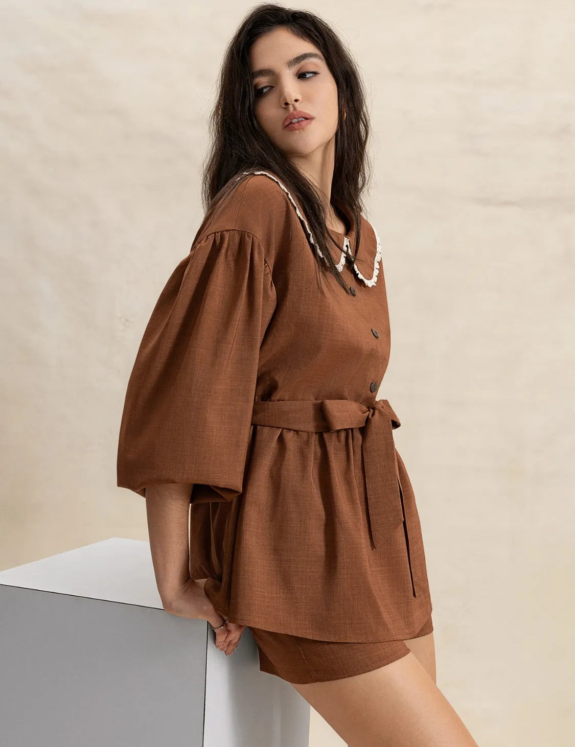 Peter Pan Collar Balloon Sleeve Top and Shorts Set | Daverri Fashions