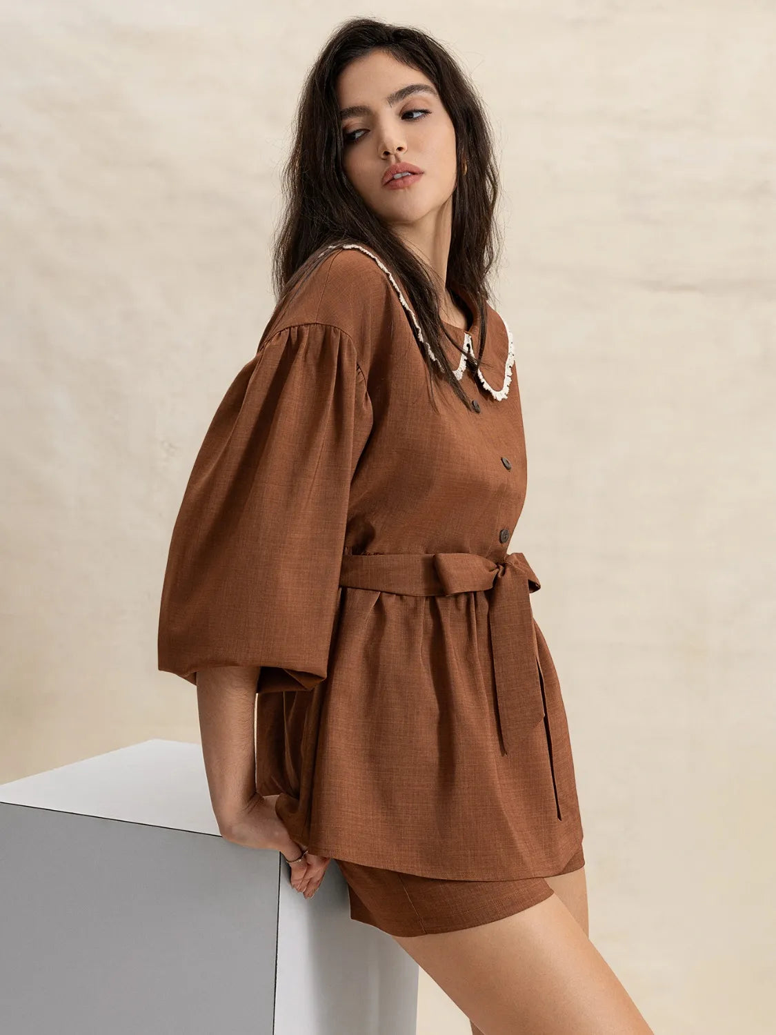 Peter Pan Collar Balloon Sleeve Top and Shorts Set | Daverri Fashions