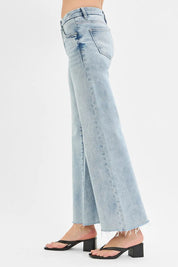 RISEN Full Size Tummy Control Low Rise Wide Leg Raw Cut Hem Jeans Plus Size | Jeans Daverri Fashions