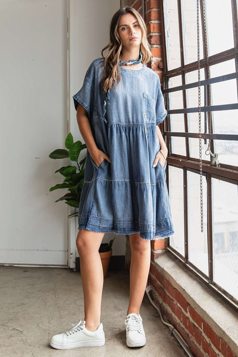 Mittoshop Washed Chambray Denim Oversized Tier Mini Dress