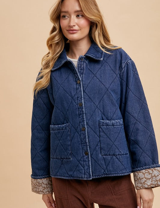 Annie Wear Quilted Printed Lining Snap Down Denim Jacket Dark Blue Tops