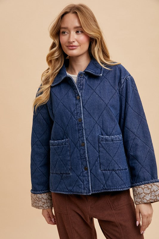 Annie Wear Quilted Printed Lining Snap Down Denim Jacket Dark Blue Tops