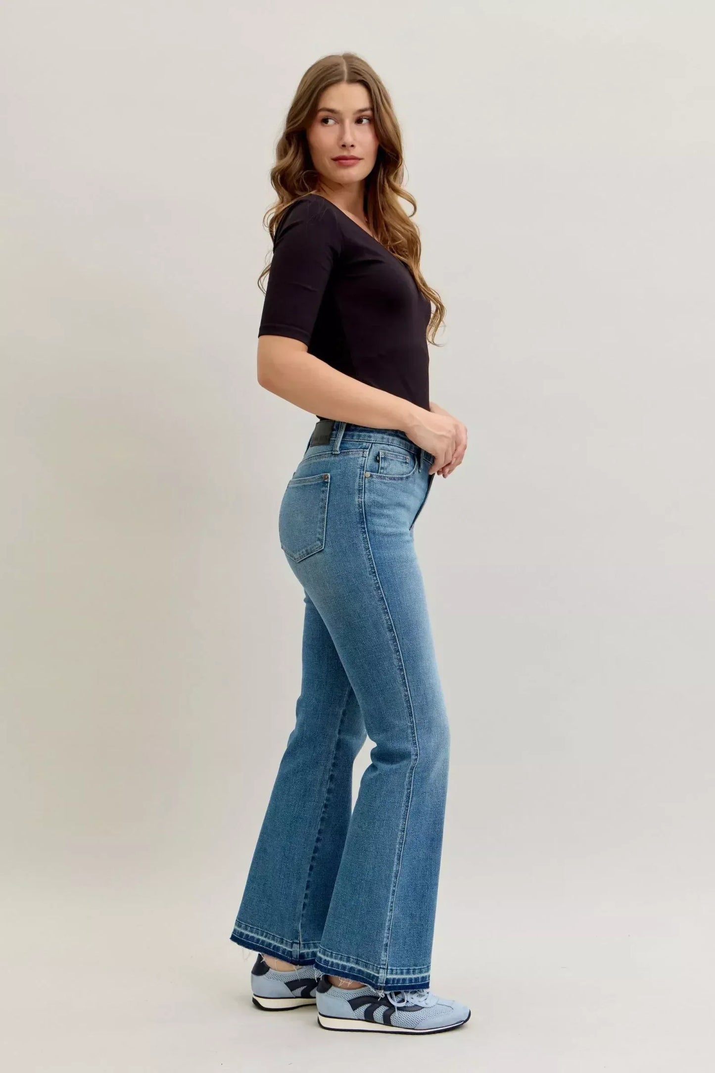 Judy Blue Full Size Mid Rise Slim Bootcut Tummy Control Release Hem Jeans Plus Size - DAVERRI FASHIONS