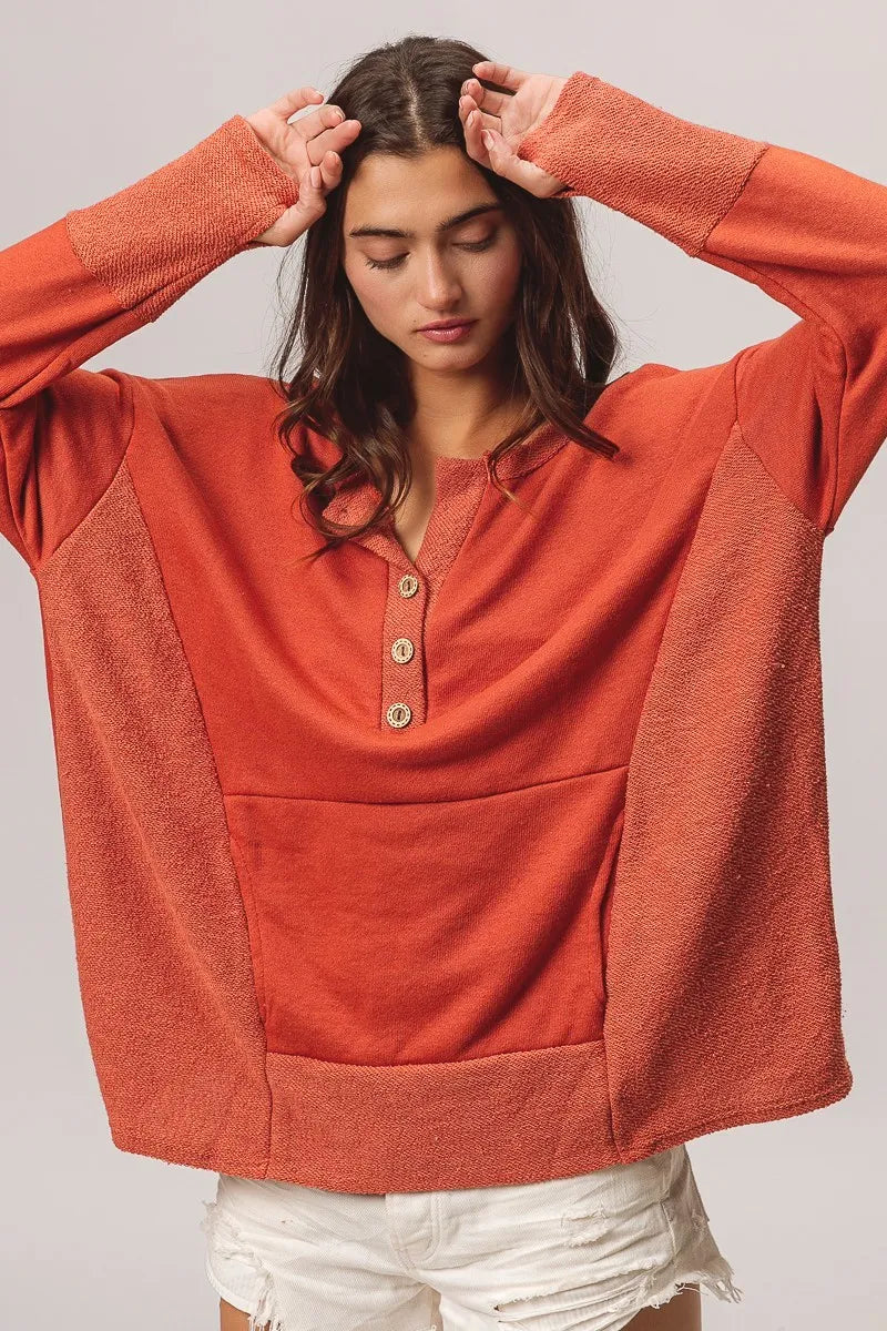 BiBi French Terry Knit Side Block Buttoned Henley Top | Knit Tops Daverri Fashions