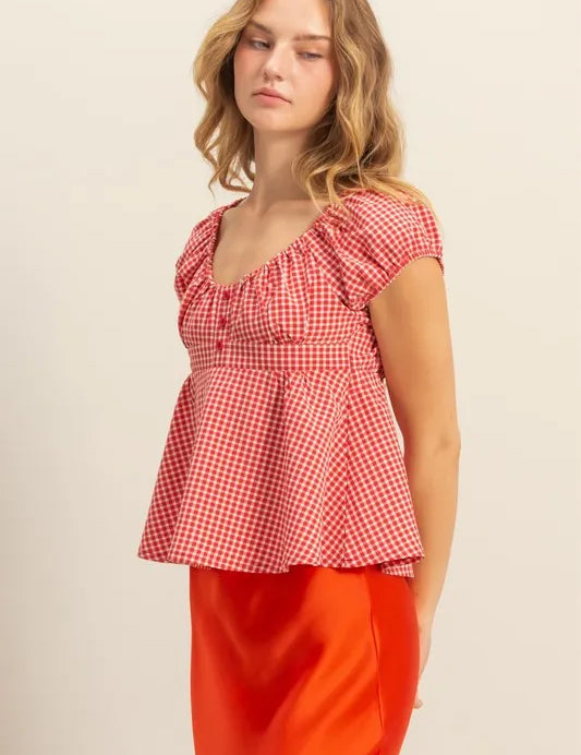 HYFVE Gingham Scoop Neck Cap Sleeve Blouse | Daverri Fashions