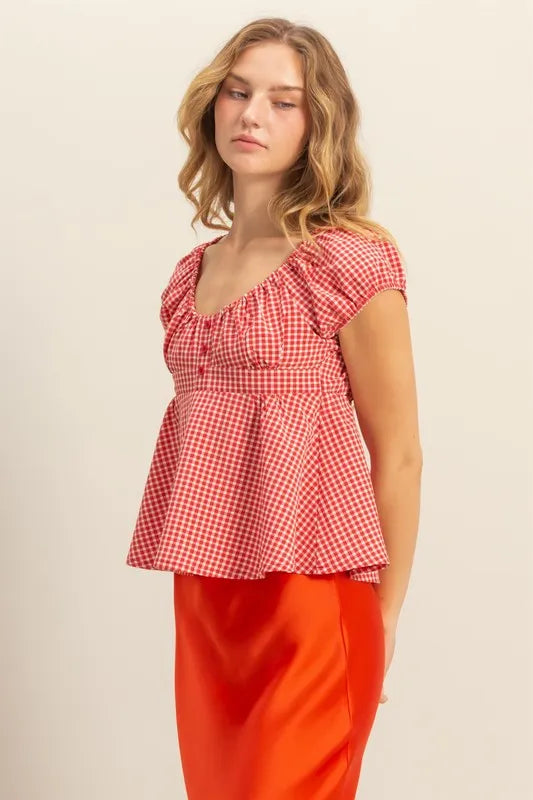 HYFVE Gingham Scoop Neck Cap Sleeve Blouse