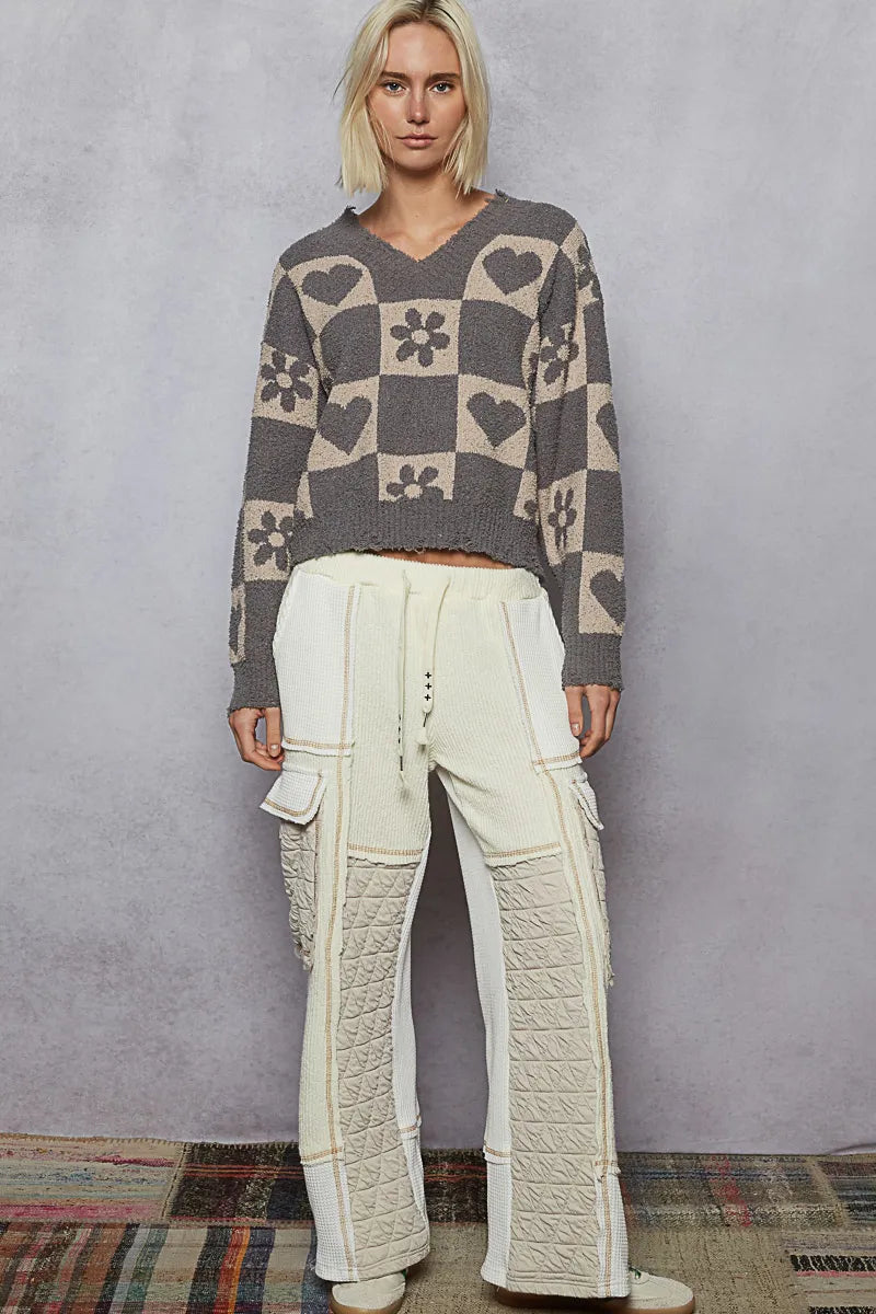 POL V-Neck Heart Pattern Checkered Sweater | Daverri Fashions