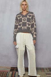 POL V-Neck Heart Pattern Checkered Sweater | Daverri Fashions