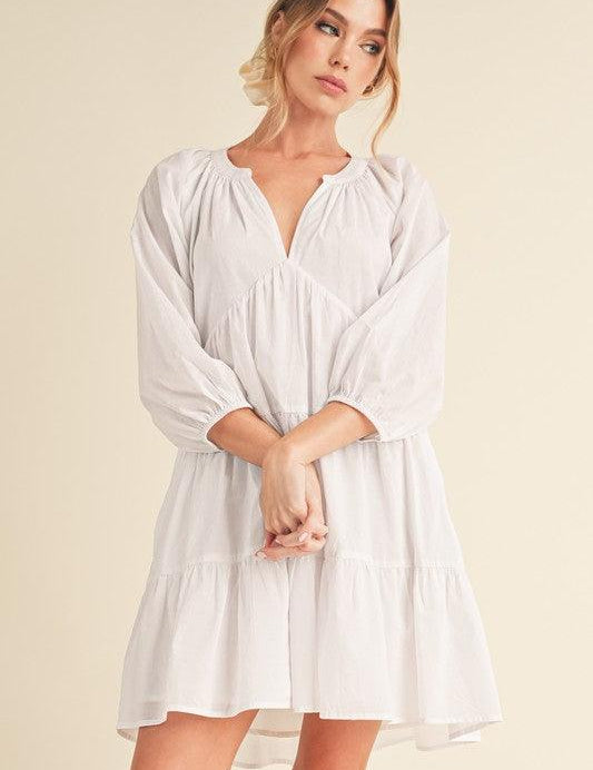 White M Aemi + Co Notched Balloon Sleeve Tiered Mini Dress | Mini Dresses Daverri Fashions