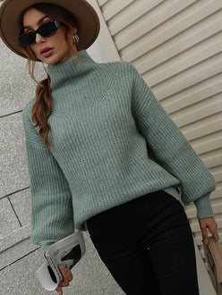 Daverri high neck balloon sleeve rib-knit pullover in soft mint green