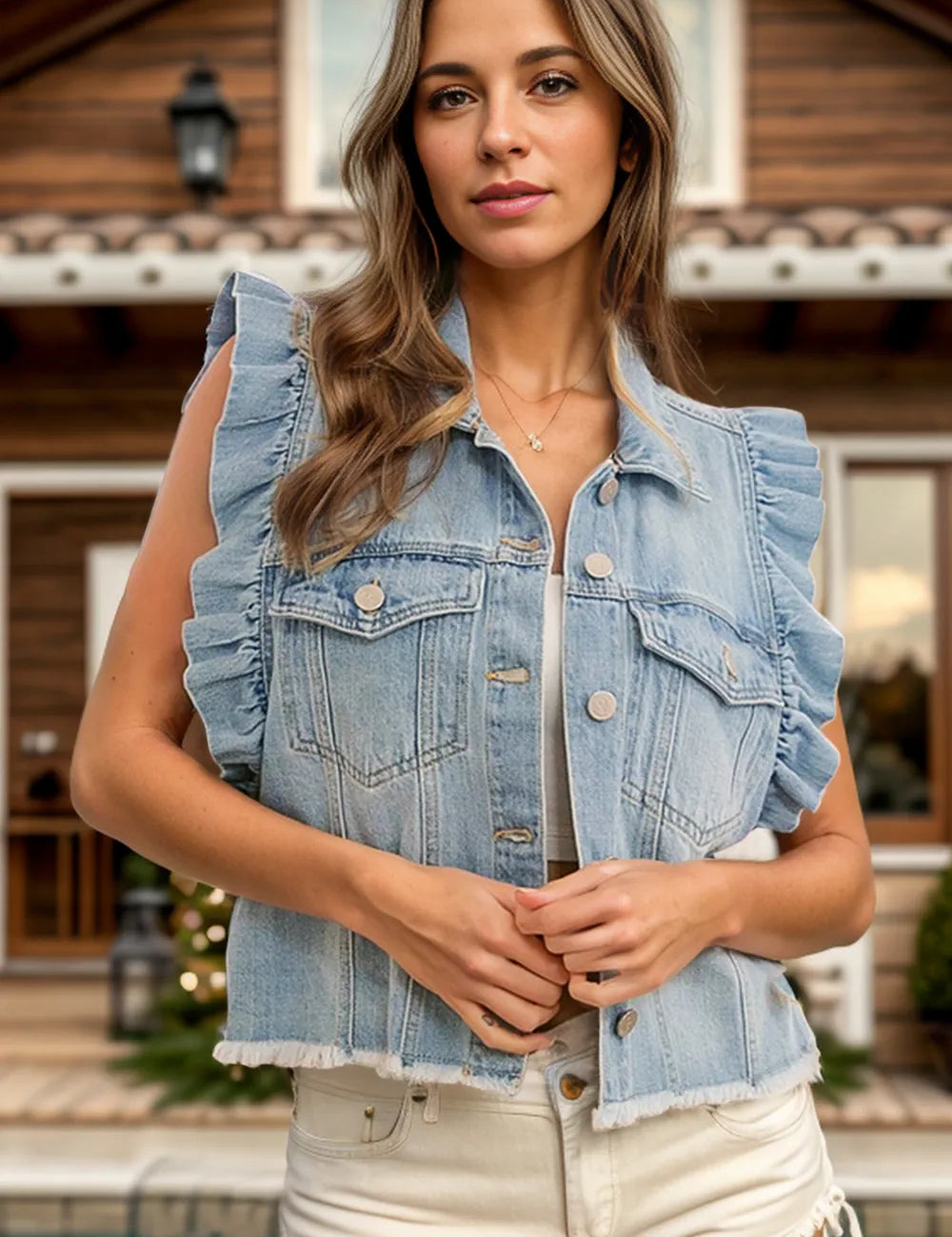 Light Raw Hem Ruffled Cap Sleeve Denim Jacket | Vest Jackets Daverri Fashions