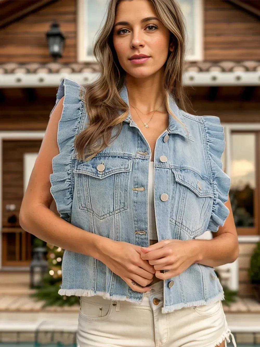 Raw Hem Ruffled Cap Sleeve Denim Jacket - DAVERRI FASHIONS