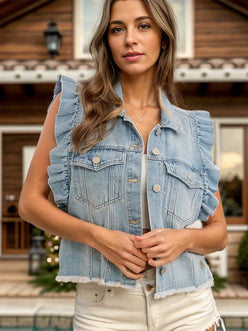 Raw Hem Ruffled Cap Sleeve Denim Jacket - DAVERRI FASHIONS