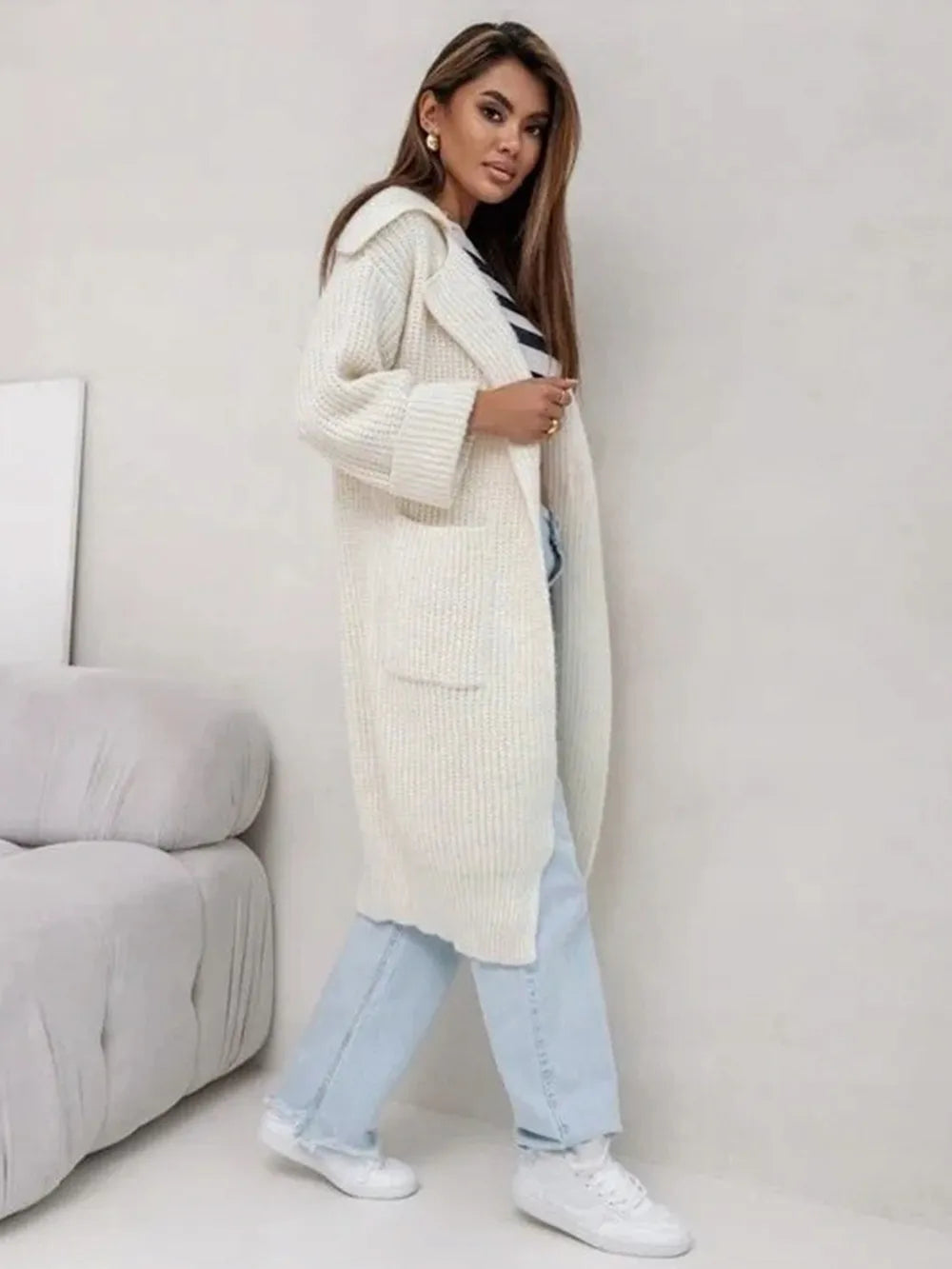 Pocketed Collared Neck Dropped Shoulder Cardigan | Cardigans Daverri Fashions