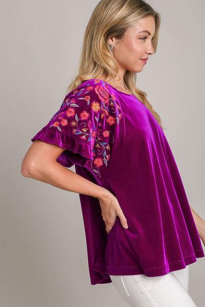 Umgee Full Size Velvet Embroidery Short Sleeve Blouse Blouses