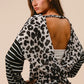 BiBi Leopard Hacci Knit Twist Back Top With Stripe Sleeve Tops