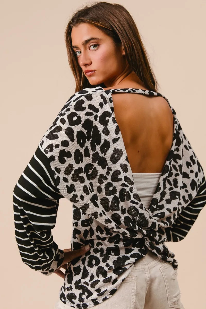 BiBi Leopard Hacci Knit Twist Back Top With Stripe Sleeve Tops