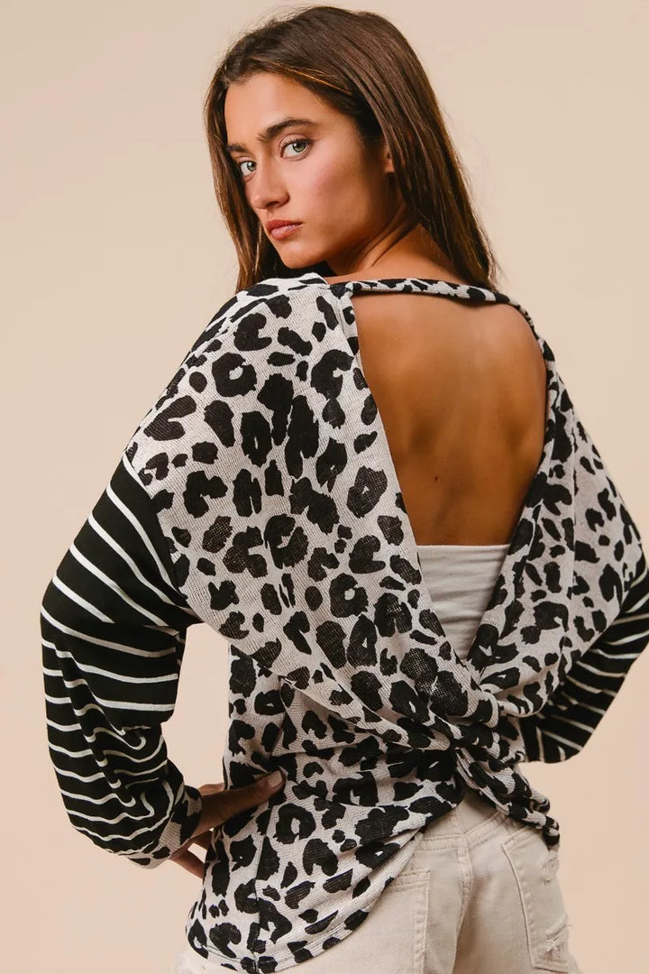 BiBi Leopard Hacci Knit Twist Back Top With Stripe Sleeve Tops