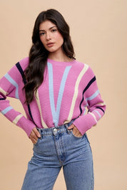 Annie Wear Chevron Stripe Round Neck Ribbed Sweater Orchid Sweaters