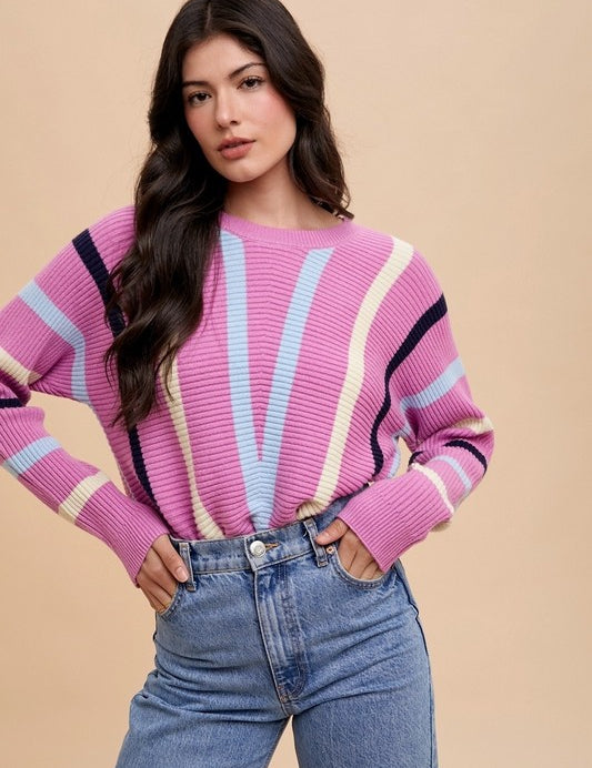 Annie Wear Chevron Stripe Round Neck Ribbed Sweater Orchid Sweaters