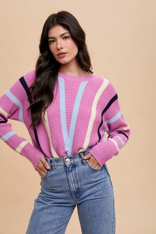 Annie Wear Chevron Stripe Round Neck Ribbed Sweater Orchid Sweaters