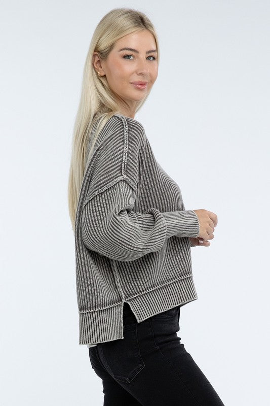 Washed Side Slit Oversized Cropped Cotton Sweater Tops