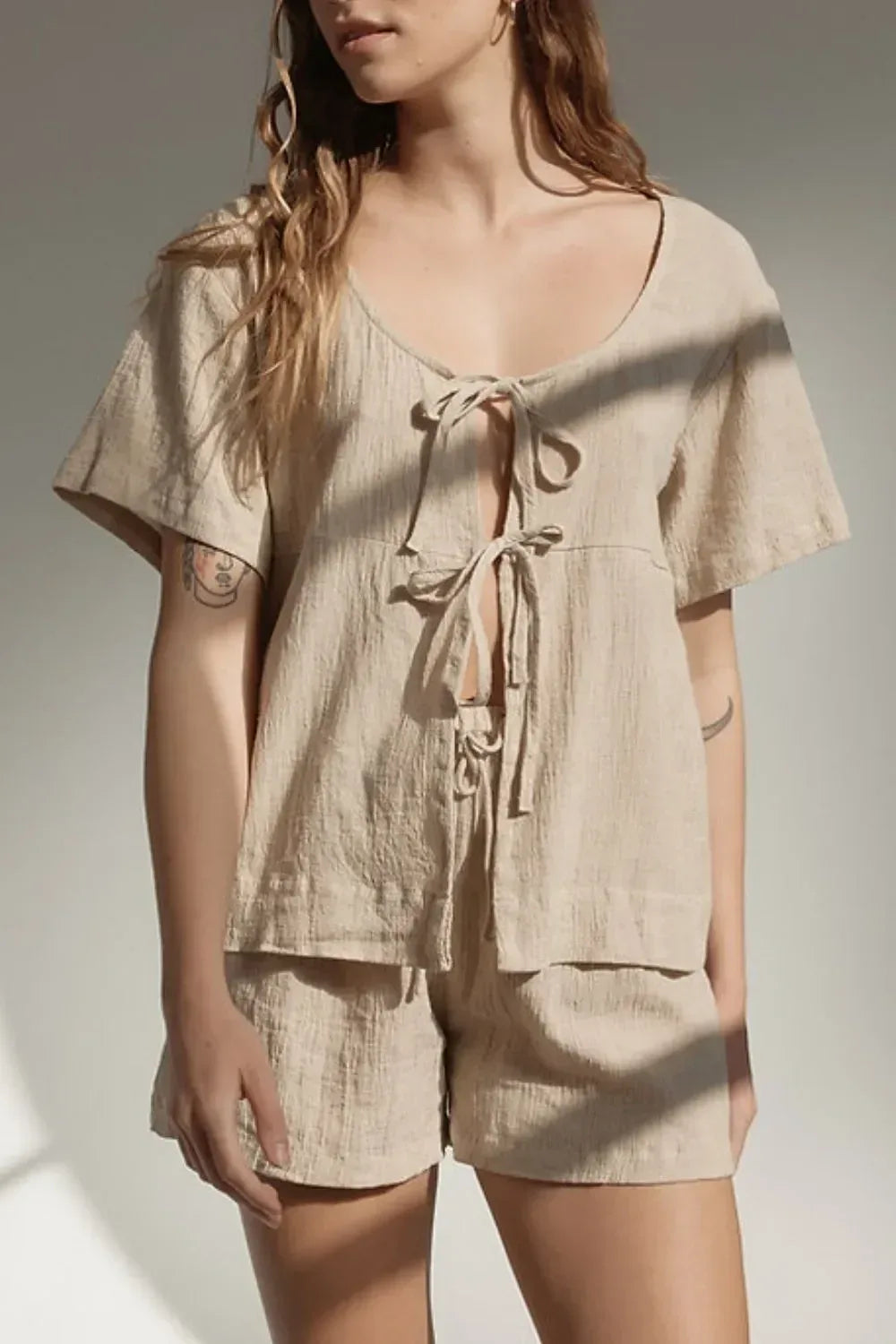 Plaid Tied Scoop Neck Short Sleeve Top and Drawstring Shorts Set - DAVERRI FASHIONS