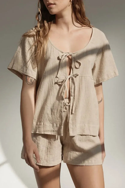 Plaid Tied Scoop Neck Short Sleeve Top and Drawstring Shorts Set - DAVERRI FASHIONS