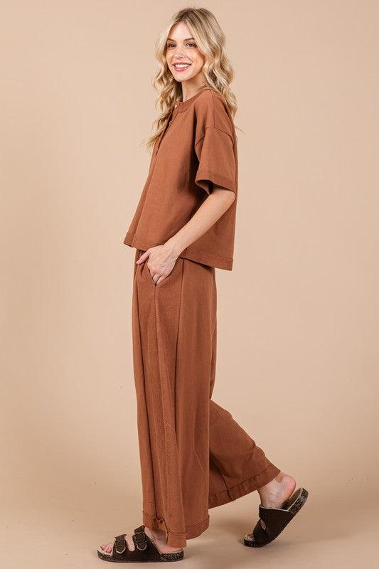 Ces Femme Half Button Half Sleeve Top and Pants Set Outfit Sets