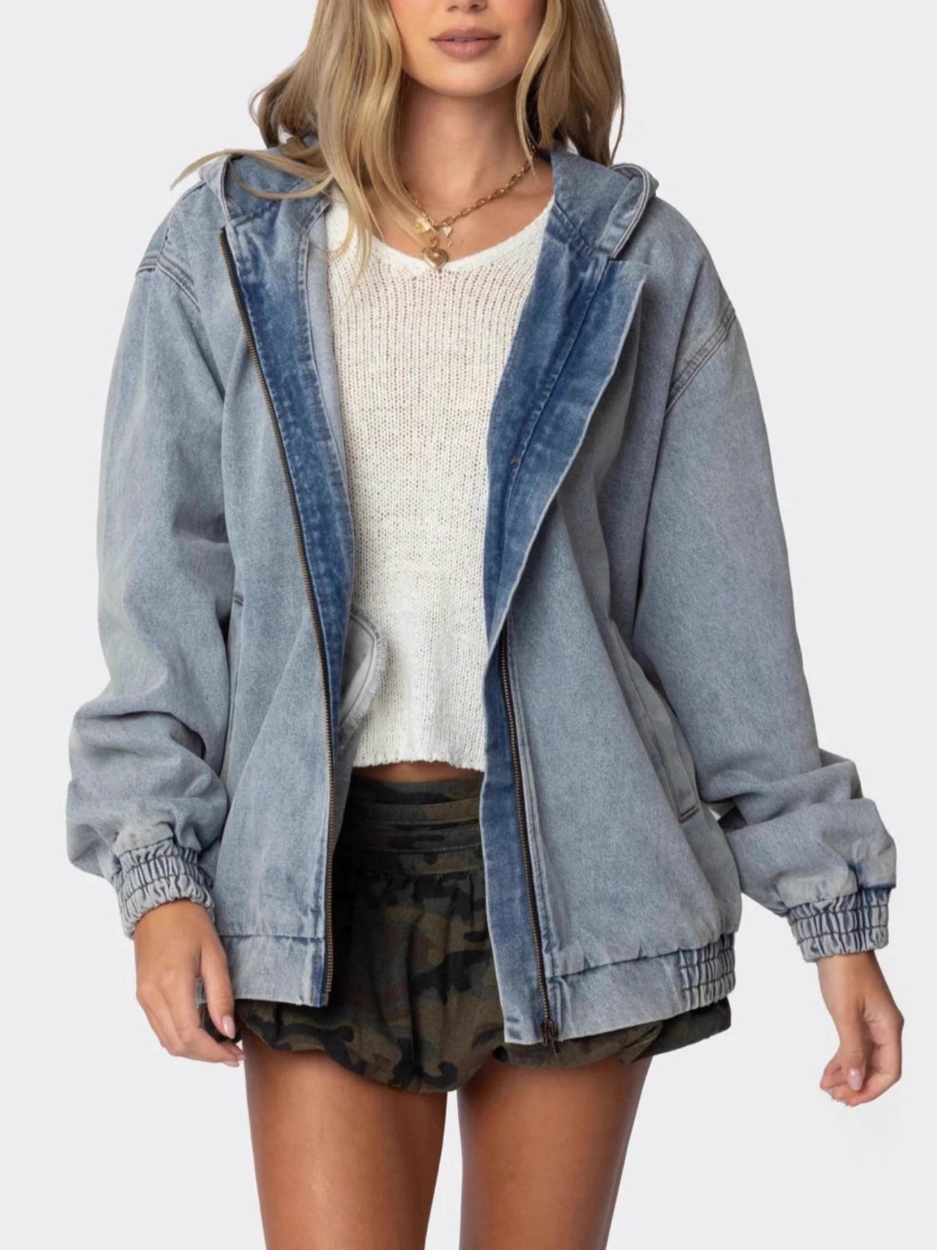 Hooded oversized zip-up light-wash denim jacket with elastic cuffs