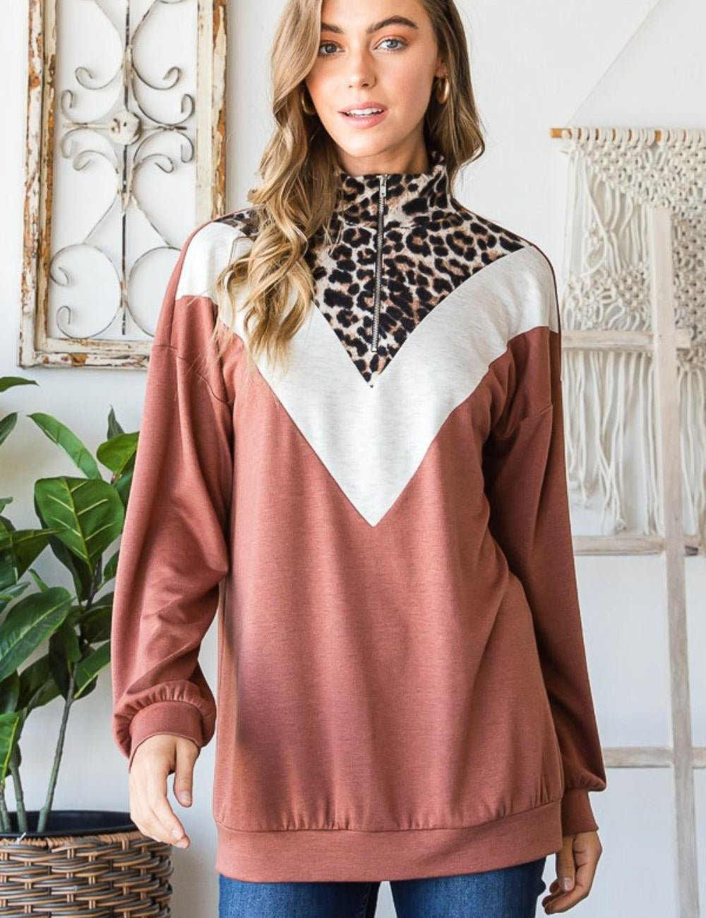 Rust Heimish Full Size Leopard Quarter Zip Mock Neck Sweatshirt | Daverri Fashions
