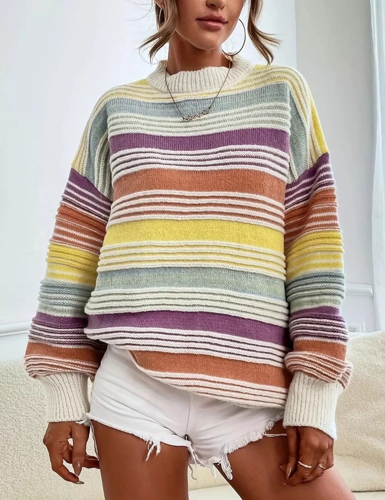 Yellow Rainbow Striped Drop Shoulder Oversized Sweater | Sweaters Daverri Fashions