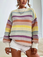 Yellow Rainbow Striped Drop Shoulder Oversized Sweater | Sweaters Daverri Fashions