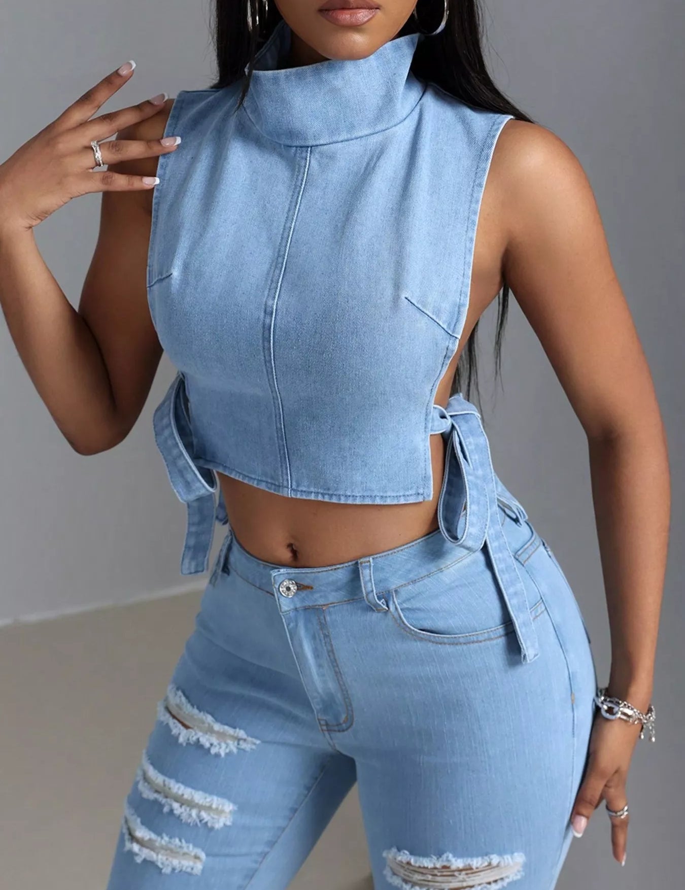 Blue Sleeveless Cropped Denim Turtleneck Top with Side Tie Details | Tops Daverri Fashions