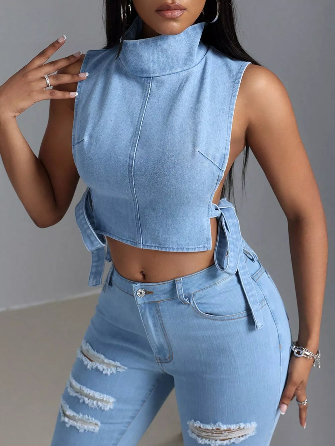 Blue Sleeveless Cropped Denim Turtleneck Top with Side Tie Details | Tops Daverri Fashions