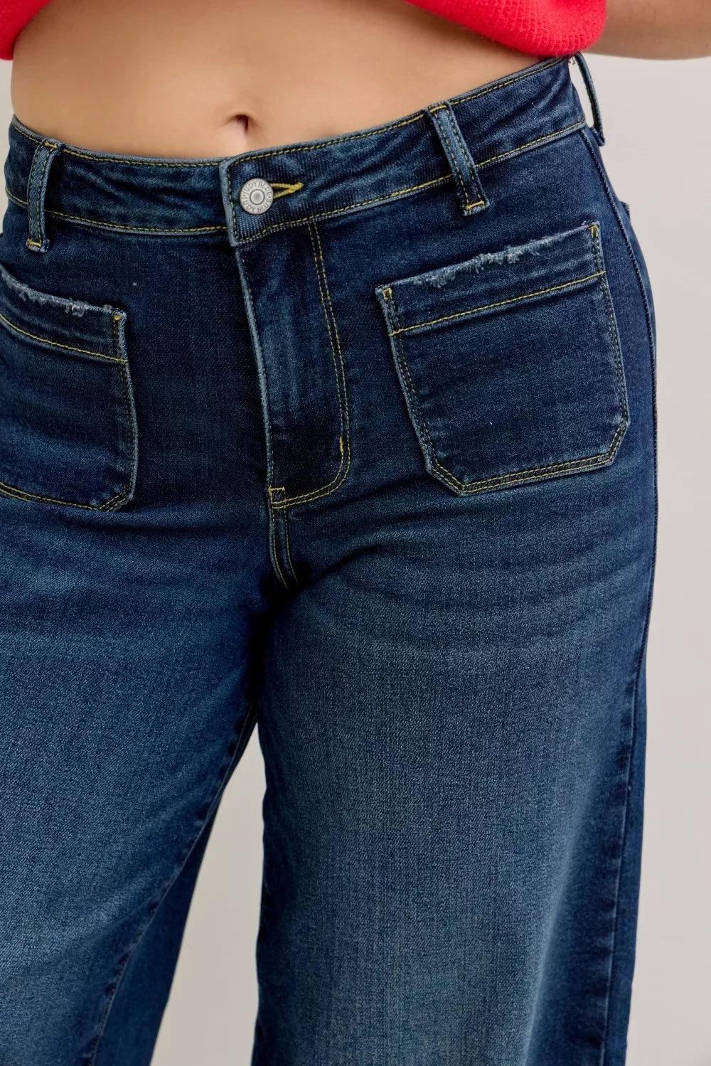 Judy Blue High Waist Palazzo Jeans with Front Patch Pockets - DAVERRI FASHIONS