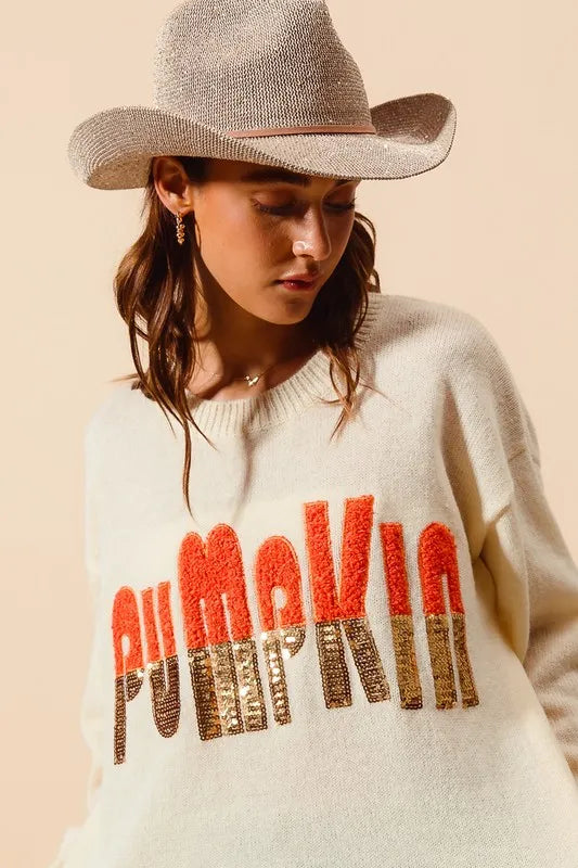 SO ME Contrast Sequin Pumpkin Slogan Sweater Top Sweaters